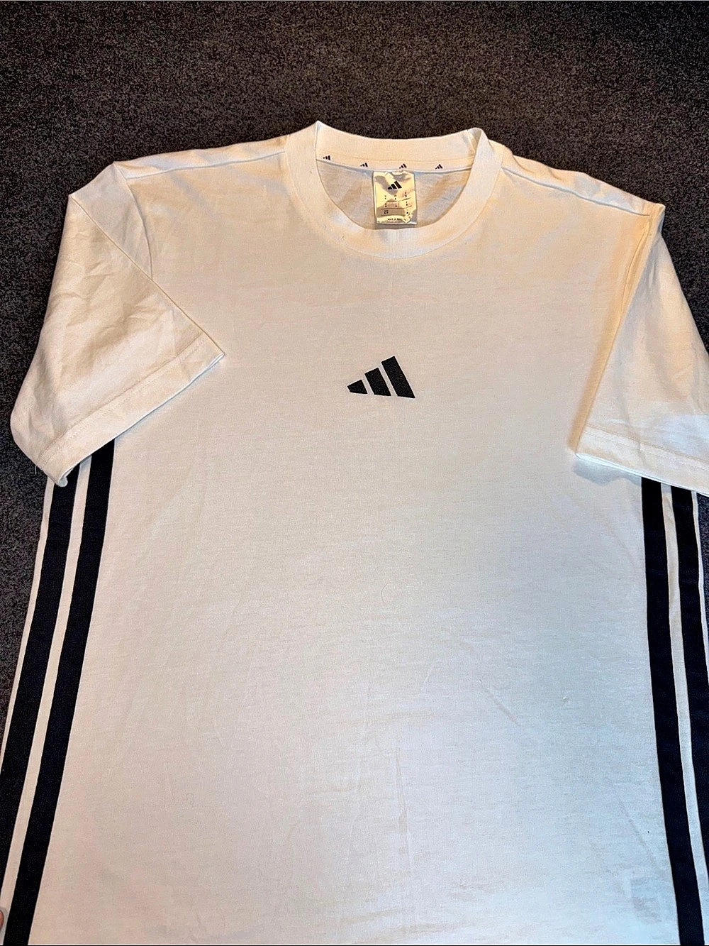 adidas Essentials 3-Stripes Tee Athletic Tee in White & Black Size S